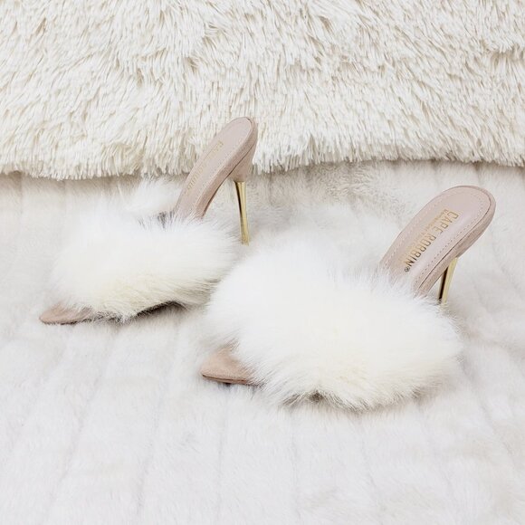 Furry Pointy Toe Slip On Gold Tone Slim Heels Nude - Picture 11 of 11